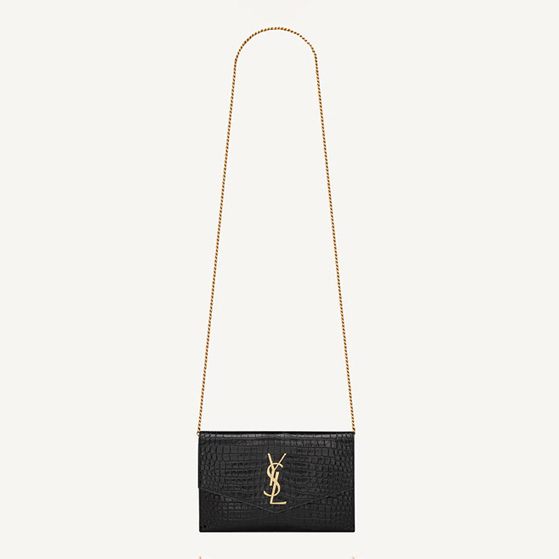 SAINT LAURENT 입생로랑 유광 엠보싱 크로커다일 가죽 소재 Uptown 체인 지갑
