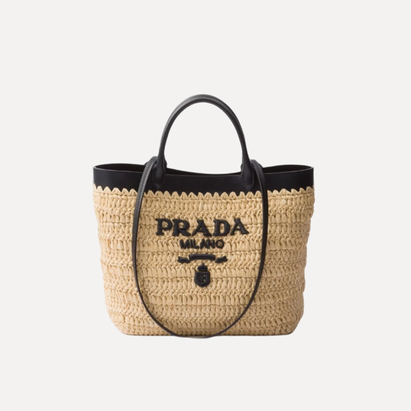 PRADA 프라다 스몰 우븐 및 레더 토트백 탄 블랙