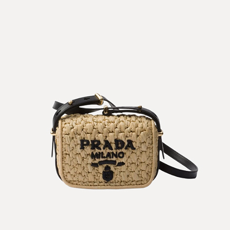 PRADA프라다 우븐 및 레더 숄더백 탄 블랙