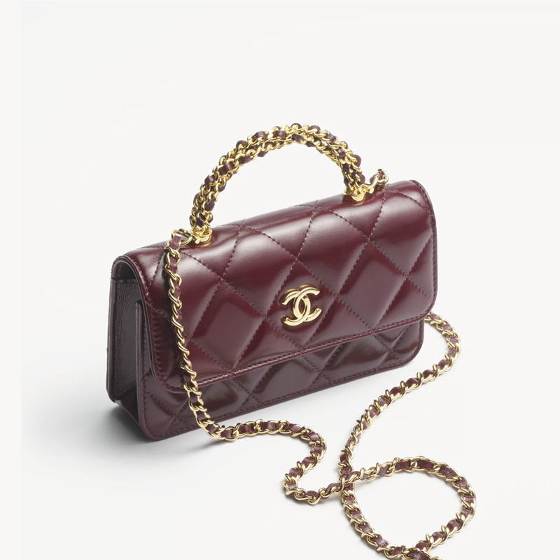CHANEL 샤넬 플랩 폰홀더 램스킨 골드메탈 버건디