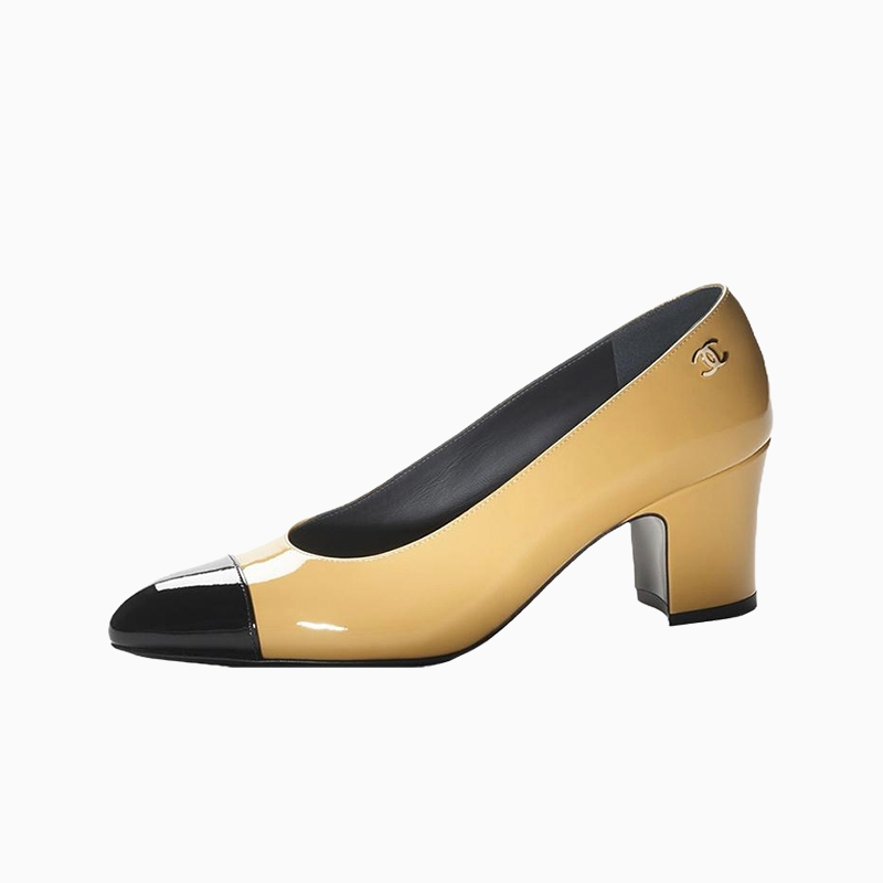 샤넬 페이턴트 카프스킨 옐로우 블랙 펌프스