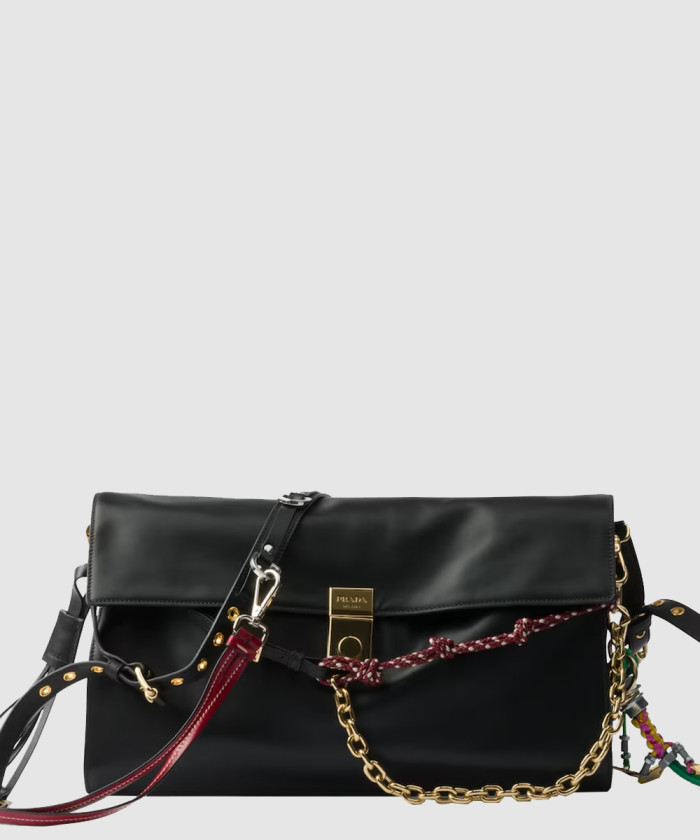 참이 달린 라지 프라다 소프트 사운드 가죽 숄더백 1BD378 【매장-660만원대】