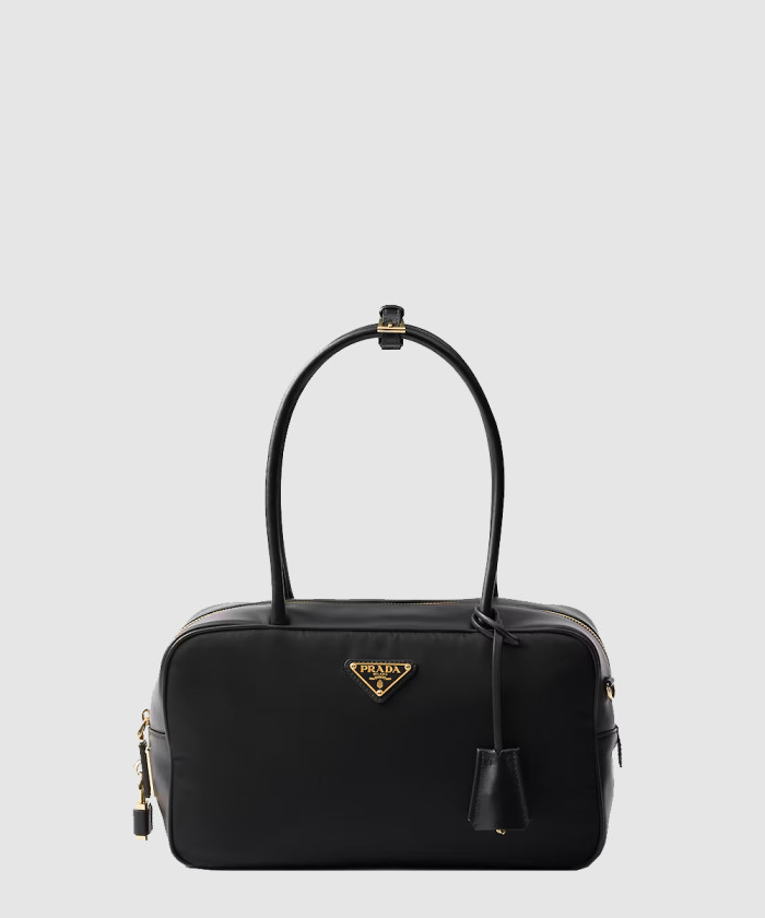 자물쇠가 있는 미디엄 리나일론 및 가죽 탑 핸들백 1BB132 【매장-360만원대】