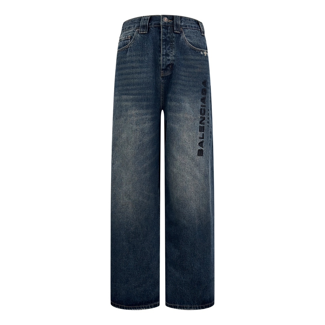 발렌시아가 블랙 로고 자수 데님 팬츠