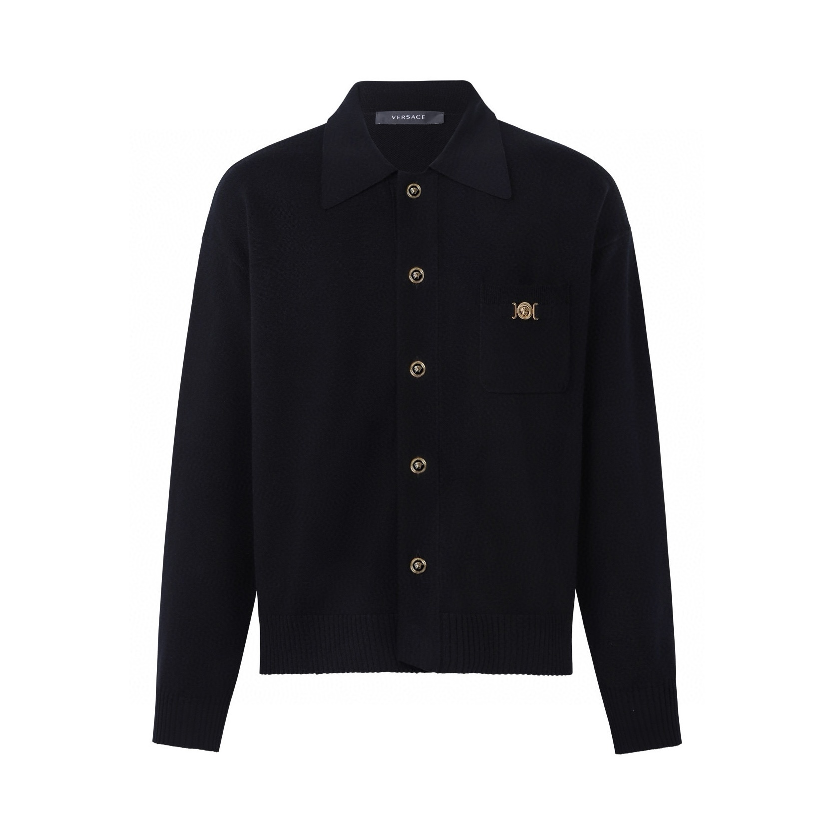 베르사체 버튼 여밈 립(골지) 트리밍 가디건