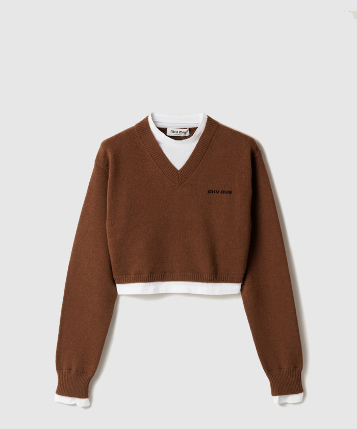 미우미우 크롭 캐시미어 V넥 스웨터 MMLB76