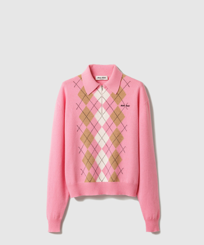 미우미우 캐시미어 하프 집업 폴로 셔츠 MMLB70