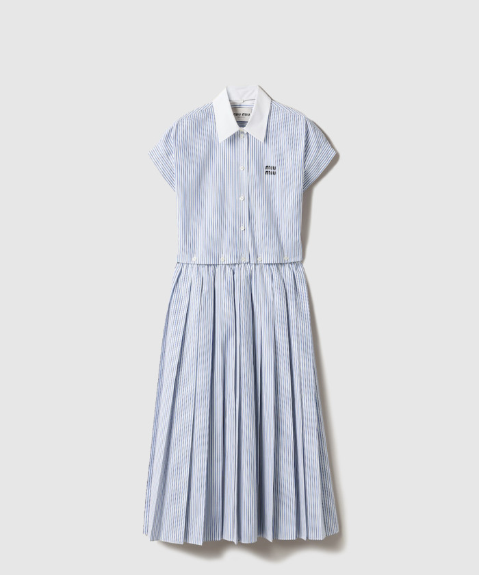 미우미우 플리츠 스트라이프 포플린 미디 드레스 MF5989