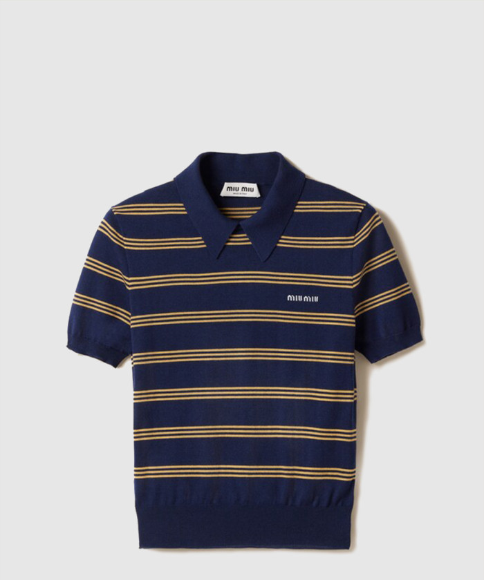미우미우 스트라이프 캐시미어 및 실크 폴로 스웨터 MMLA18